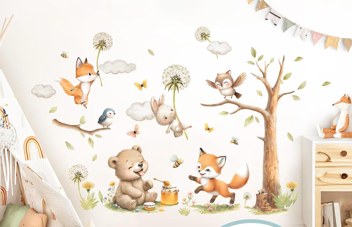 Cute Cartoon Animal Wall Sticker for Kids Room | Nursery Wall Decal with Fox, Bear, Bunny & Birds | Self Adhesive Vinyl Wall Art for Baby & Toddler Bedroom