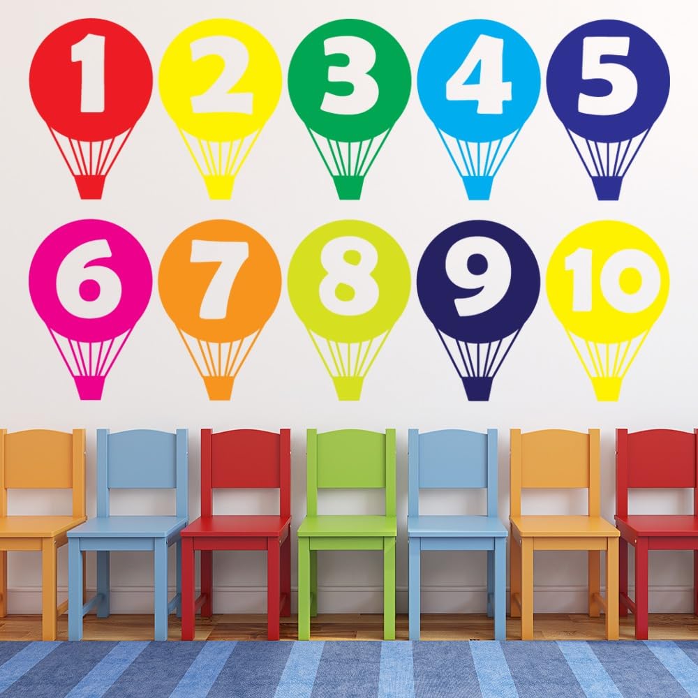 Educational Wall Stickers for Kids Room & Nursery – Fun Learning Decor for Playgroup, Preschool & Kindergarten (Hot Air Balloon Number, Small)