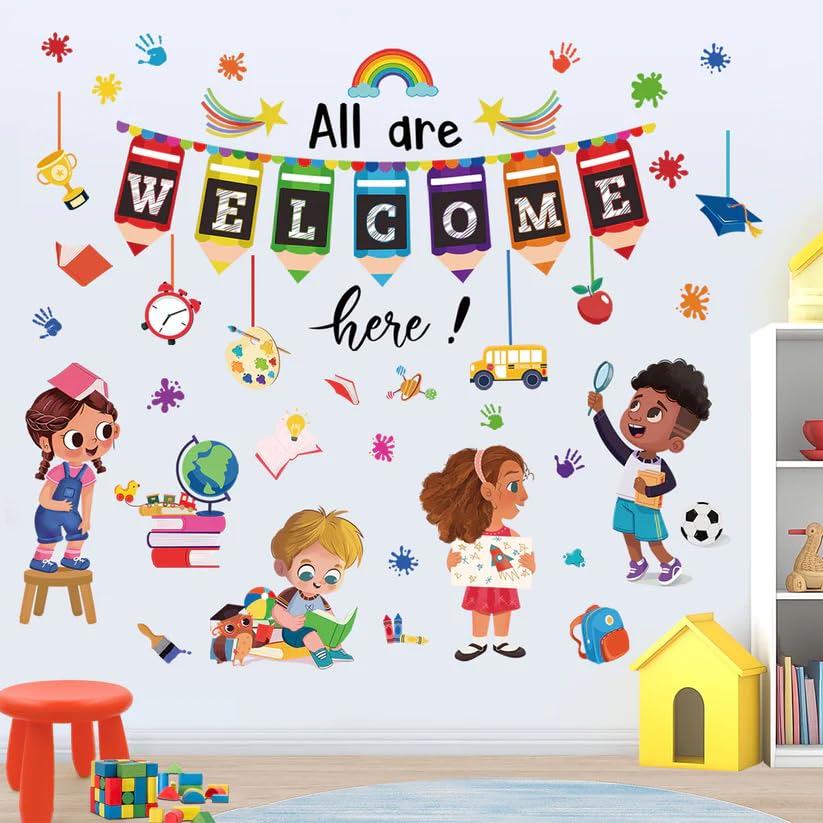 Classroom Wall Sticker, Multicolour, Vinyl, Welcome Theme with Students and School Elements, Easy to Apply