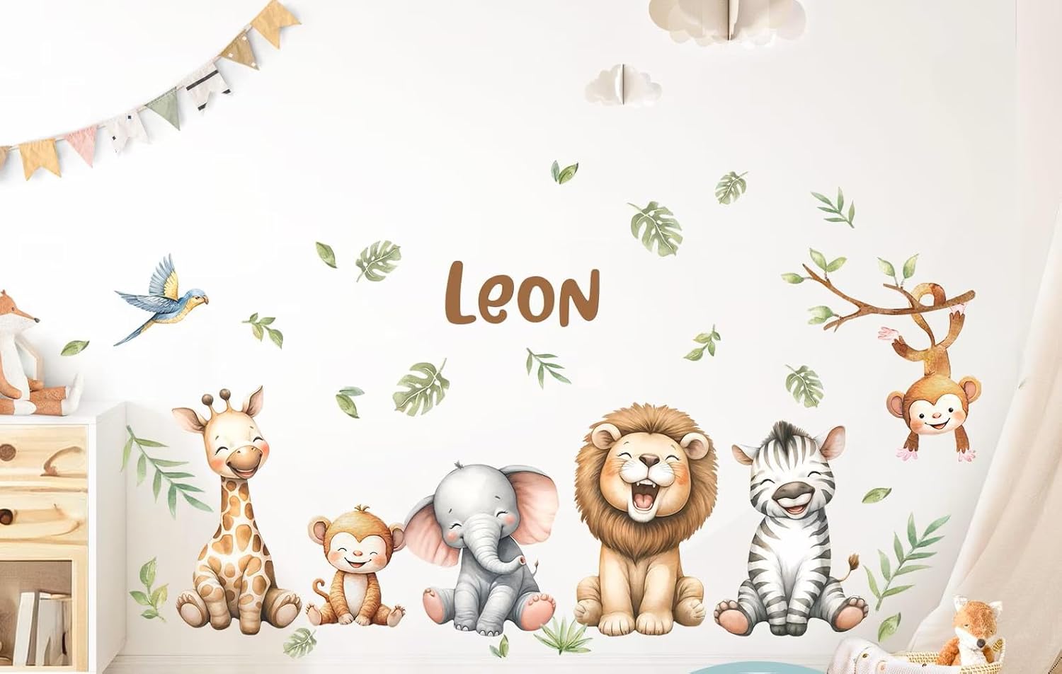 Jungle Theme Wall Sticker for Kids Room Decor – Fun Animal Growth Chart with Giraffe, Elephant, Tiger, Panda, and More – Peel & Stick Removable Nursery Wall Decal Customized Name