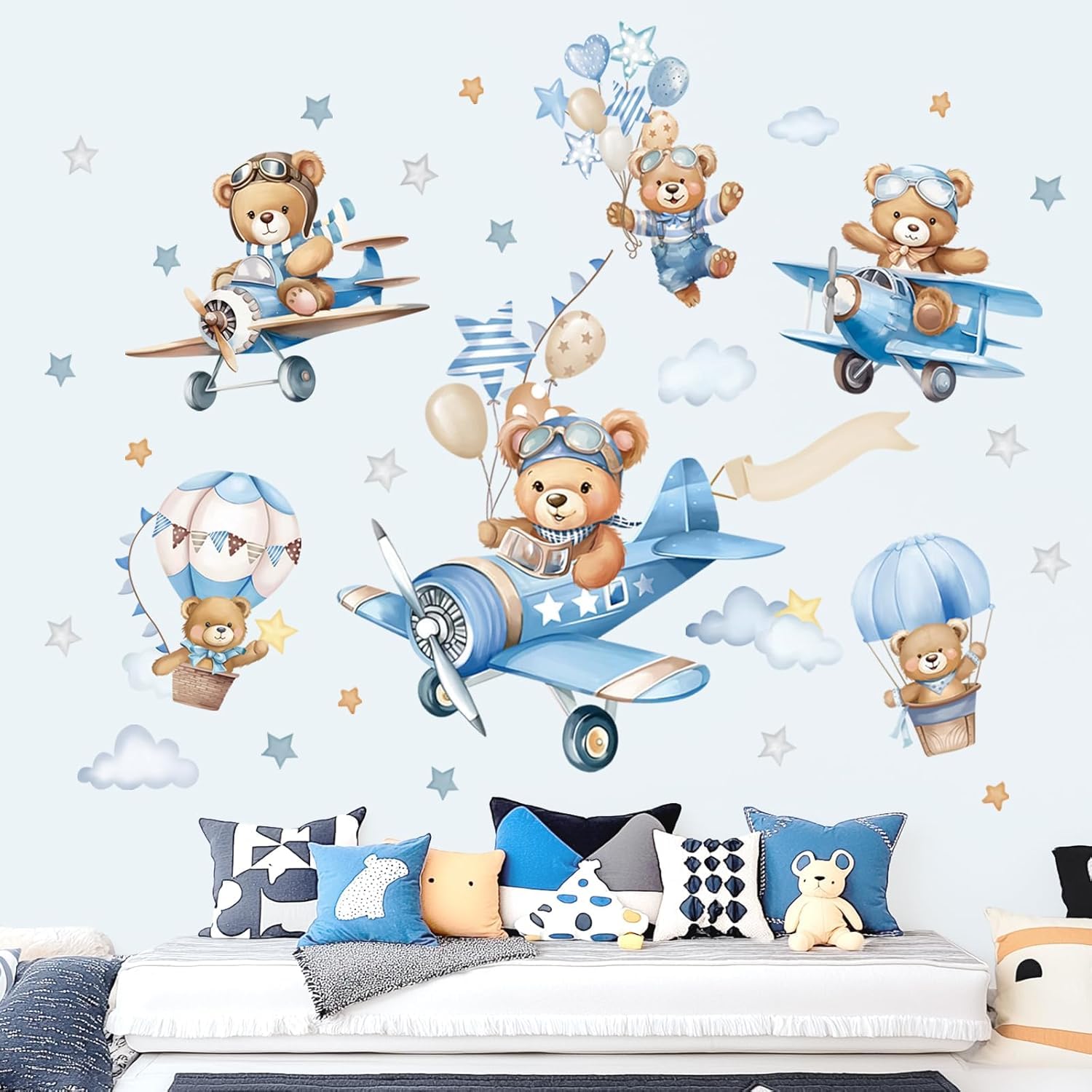 Cute Teddy Bear Airplane Wall Sticker for Kids Room | Nursery Aviation Theme Wall Decal with Hot Air Balloon & Stars | Self Adhesive Vinyl Wall Art