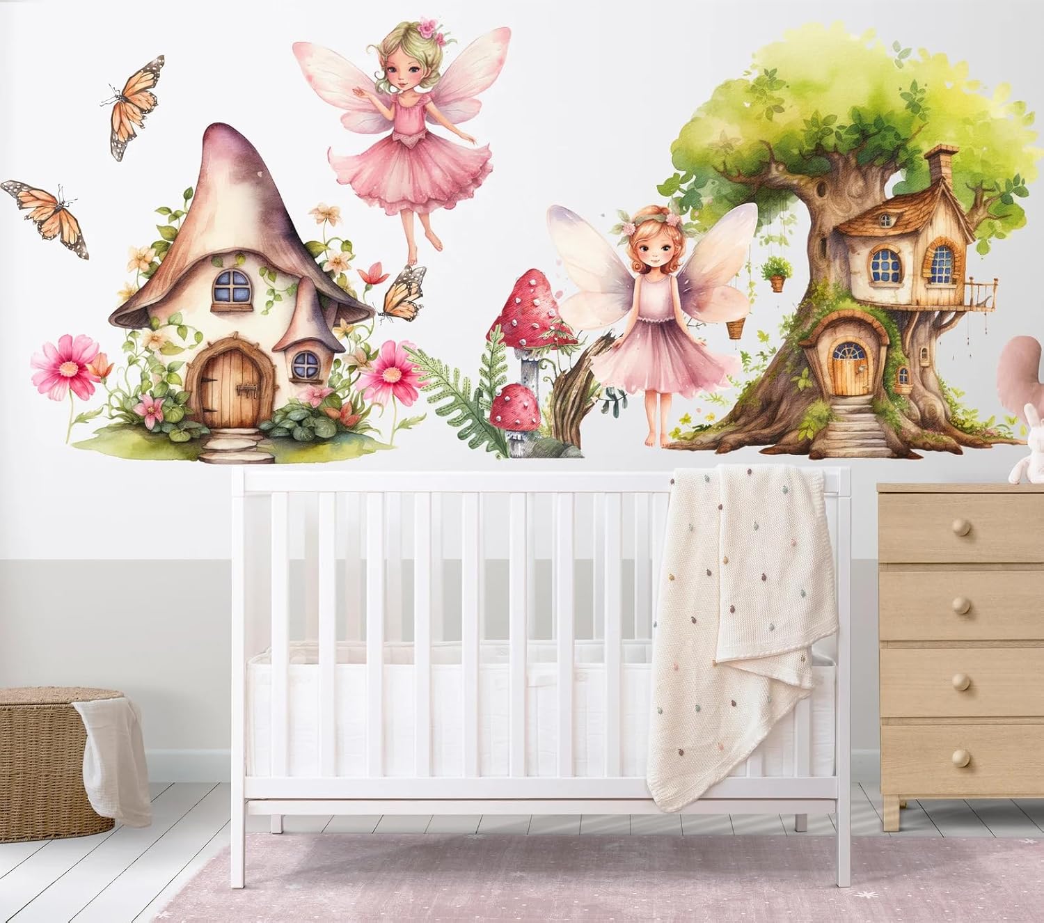 Fairy Wall Sticker for Girls Nursery – Magical Fairy House & Tree Wall Decal – Princess Fantasy Wall Art for Baby Girl Bedroom – Peel & Stick Vinyl Wall Decoration for Kids Room