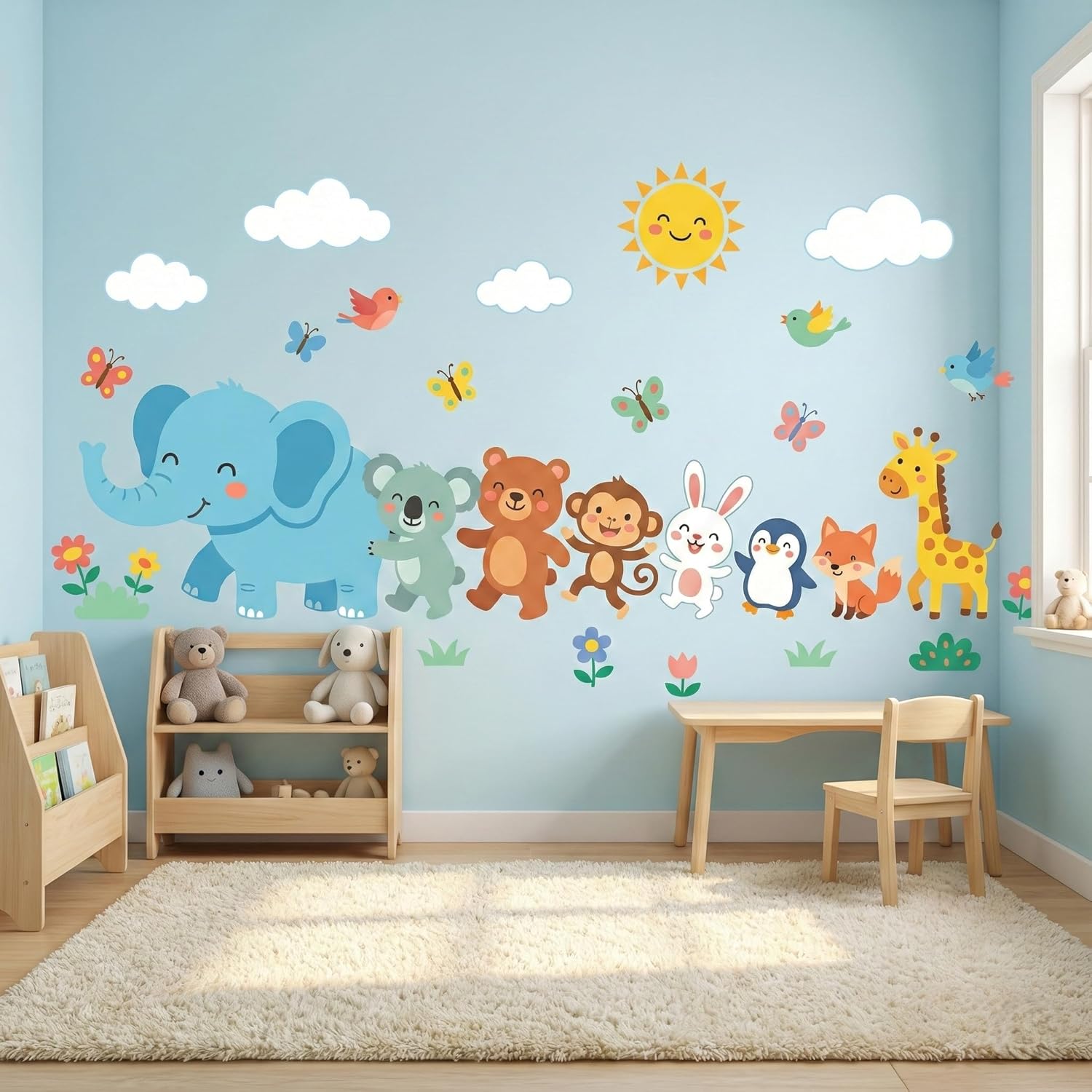 Kids Cartoon Animal Wall Sticker – Cute Elephant, Giraffe, Bunny & Friends Nursery Wall Decal for Baby Room, Kids Bedroom & Play Area Wall Décor