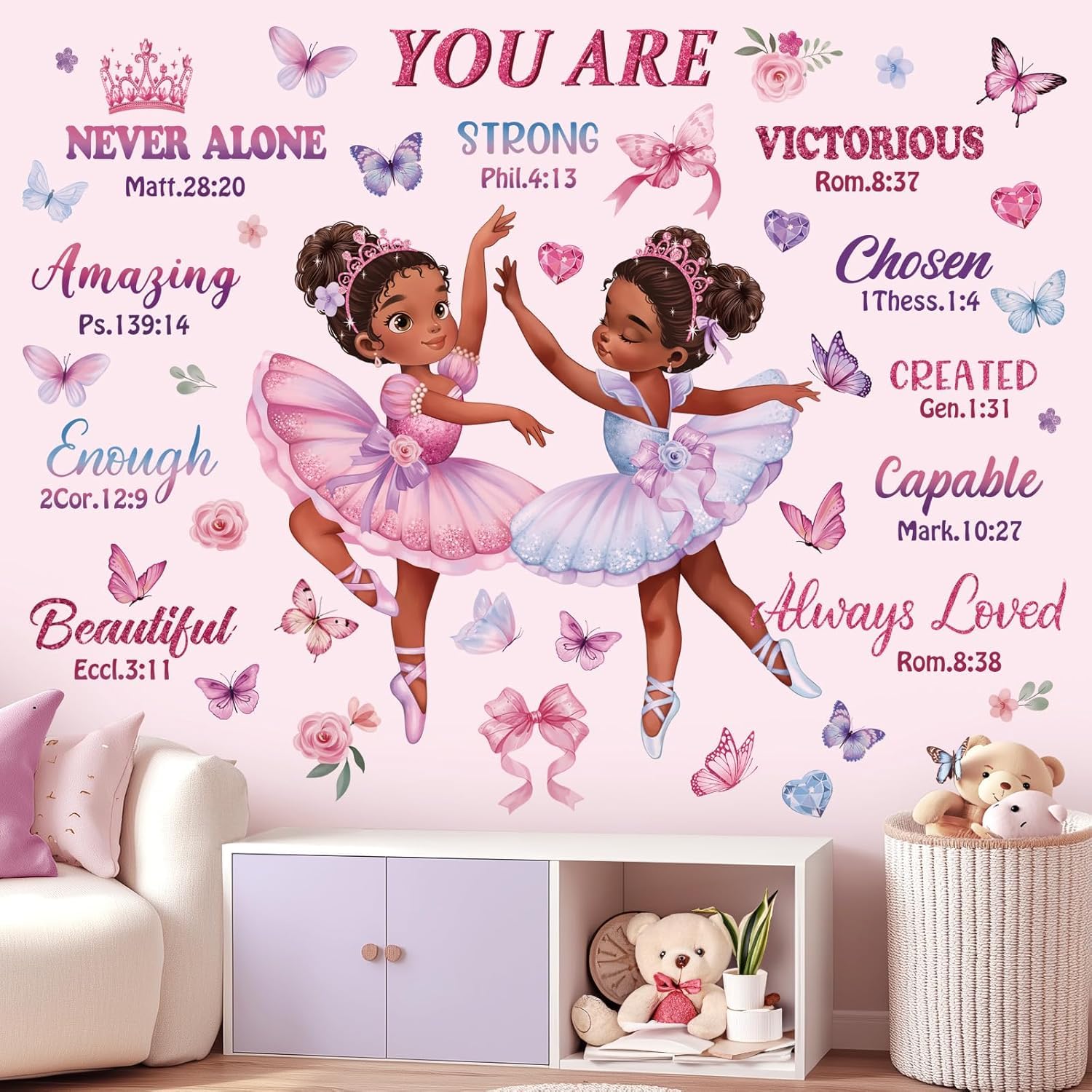Christian Ballerina Girls Wall Sticker with Bible Verses | Inspirational Princess Nursery Wall Decal for Kids Room | Self Adhesive Vinyl Wall Art for Baby Girl Bedroom