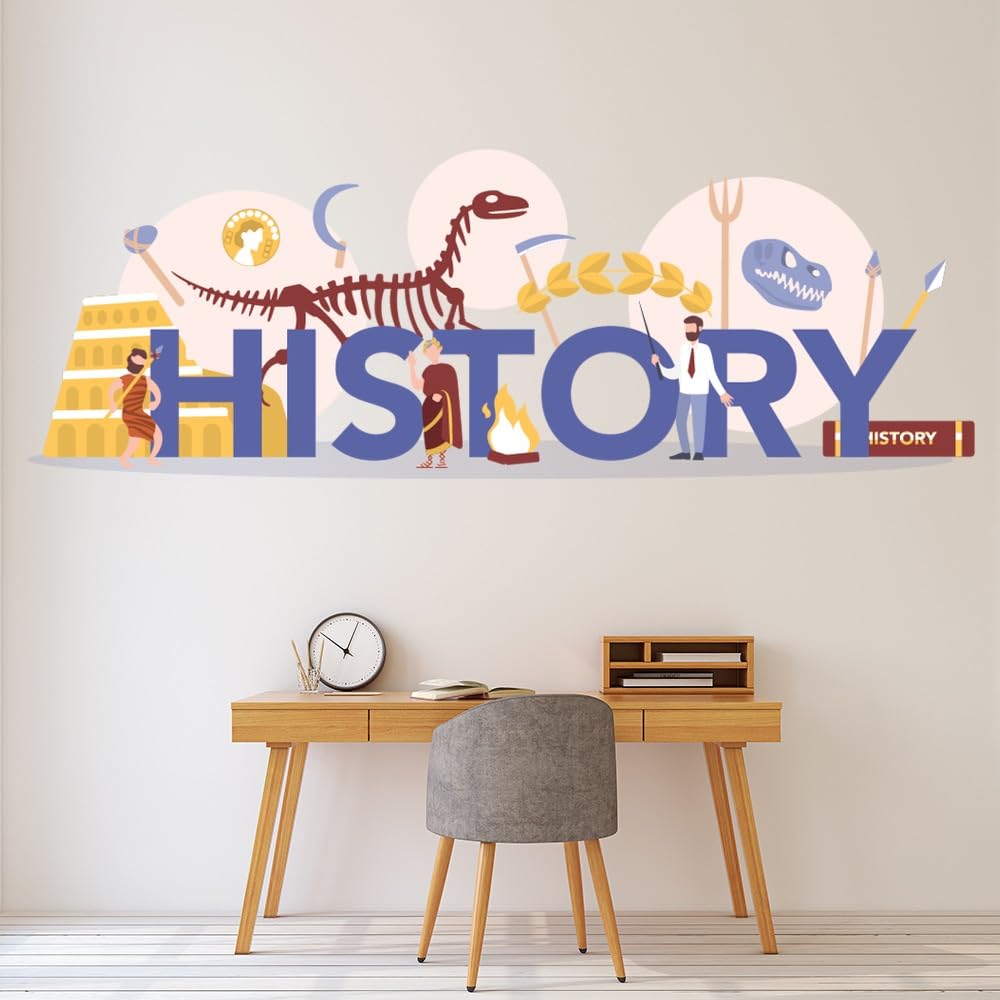 Educational Wall Stickers for Library, School Labs & Classrooms – Learning Decor with Motivational Quotes, Science, Math & Reading Themes – Removable Vinyl Decals (History Logo, Small)