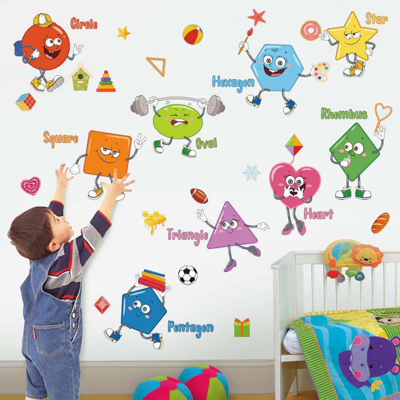 Educational Shapes Wall Sticker, Multicolour Cartoon Characters, Vinyl, Kids Learning Decor for Nursery Classroom Playroom