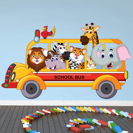 Educational Wall Stickers for Kids Room & Nursery – Fun Learning Decor for Playgroup, Preschool & Kindergarten (Animal School Bus, Small)