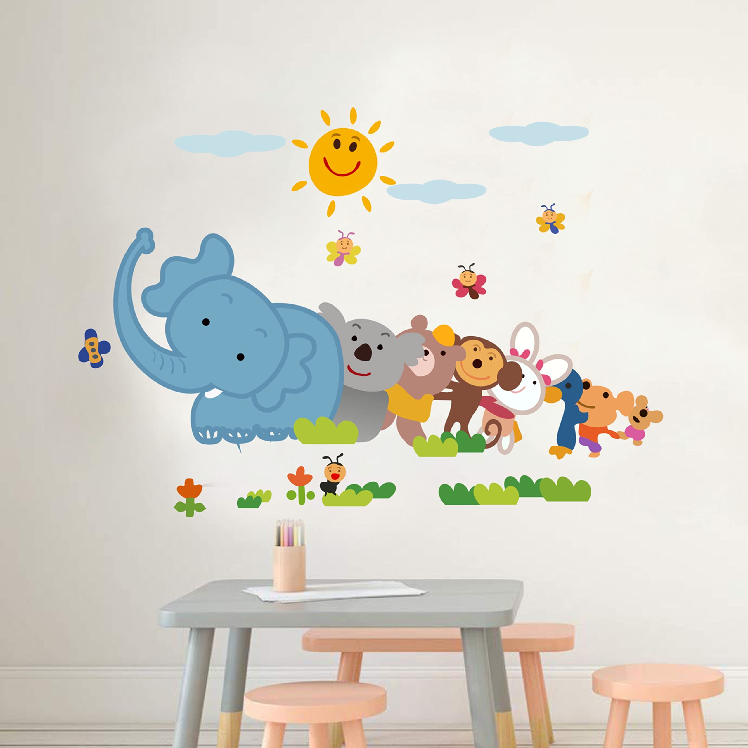 Animal Wall Sticker for Kids Room Size 95cm X 115cm, Peel and Stick Jangals Set Wall Decal for Nursery, Kids Wall Decor, Jungal Themed Decals, (Elephat)