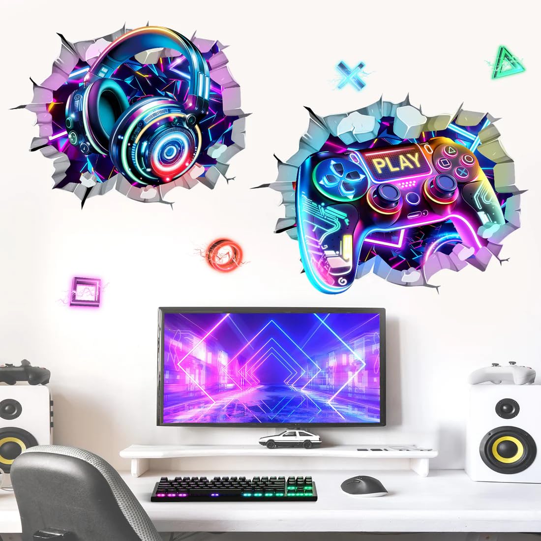 Gaming Wall Stickers, 3D Neon Headphones and Controller Design, Removable Vinyl Decals for Gamer Room Décor