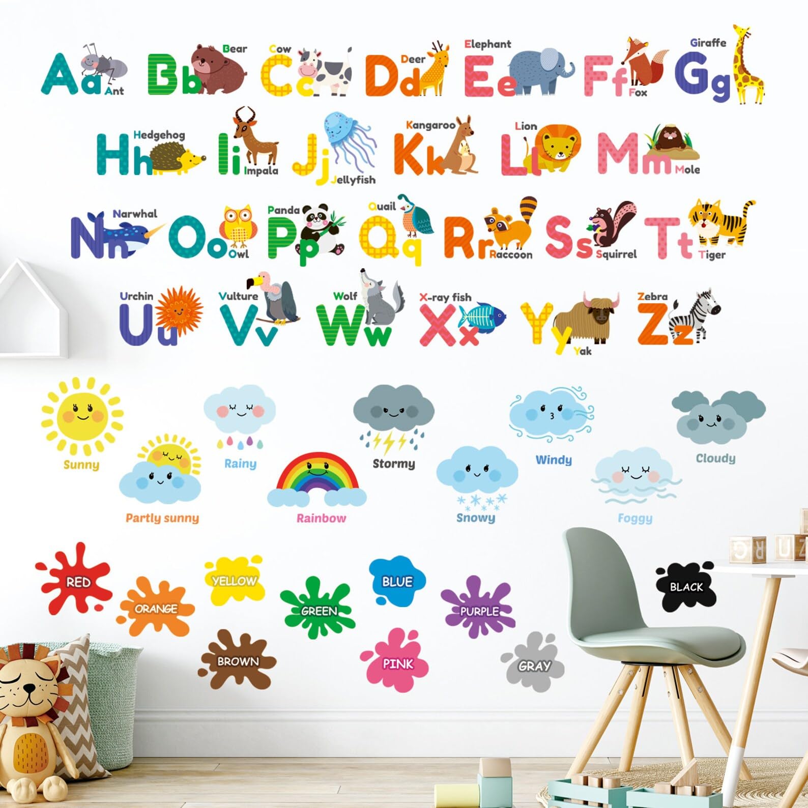 Nursery Wall Sticker, Baby Kids Learning Education, Pre School and Kindergarten Alphabets Wall Sticker, Childrens Room (Cute Cartoon, 45Cm x 60 cm)