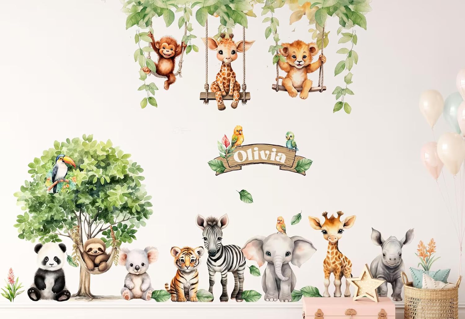 Jungle Theme Wall Sticker for Kids Room Decor – Fun Animal Growth Chart with Giraffe, Elephant, Tiger, Panda, and More – Peel & Stick Removable Nursery Wall Decal