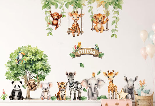 Jungle Theme Wall Sticker for Kids Room Decor – Fun Animal Growth Chart with Giraffe, Elephant, Tiger, Panda, and More – Peel & Stick Removable Nursery Wall Decal