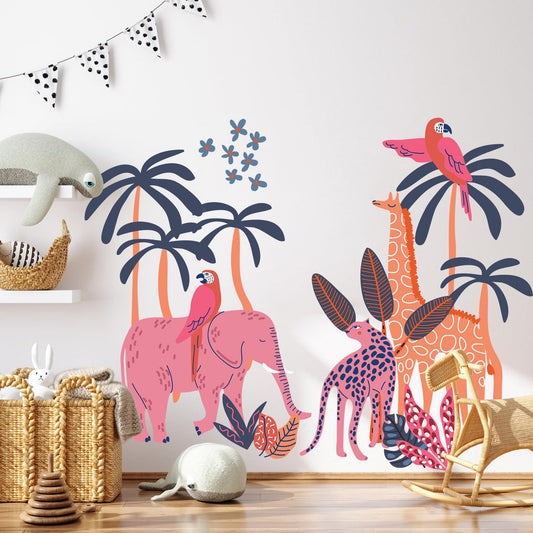 Jungle Theme Wall Sticker for Kids Room Decor – Fun Animal Growth Chart with Giraffe, Elephant, Tiger, Panda, and More – Peel & Stick Removable Nursery Wall Decal (E, Small)