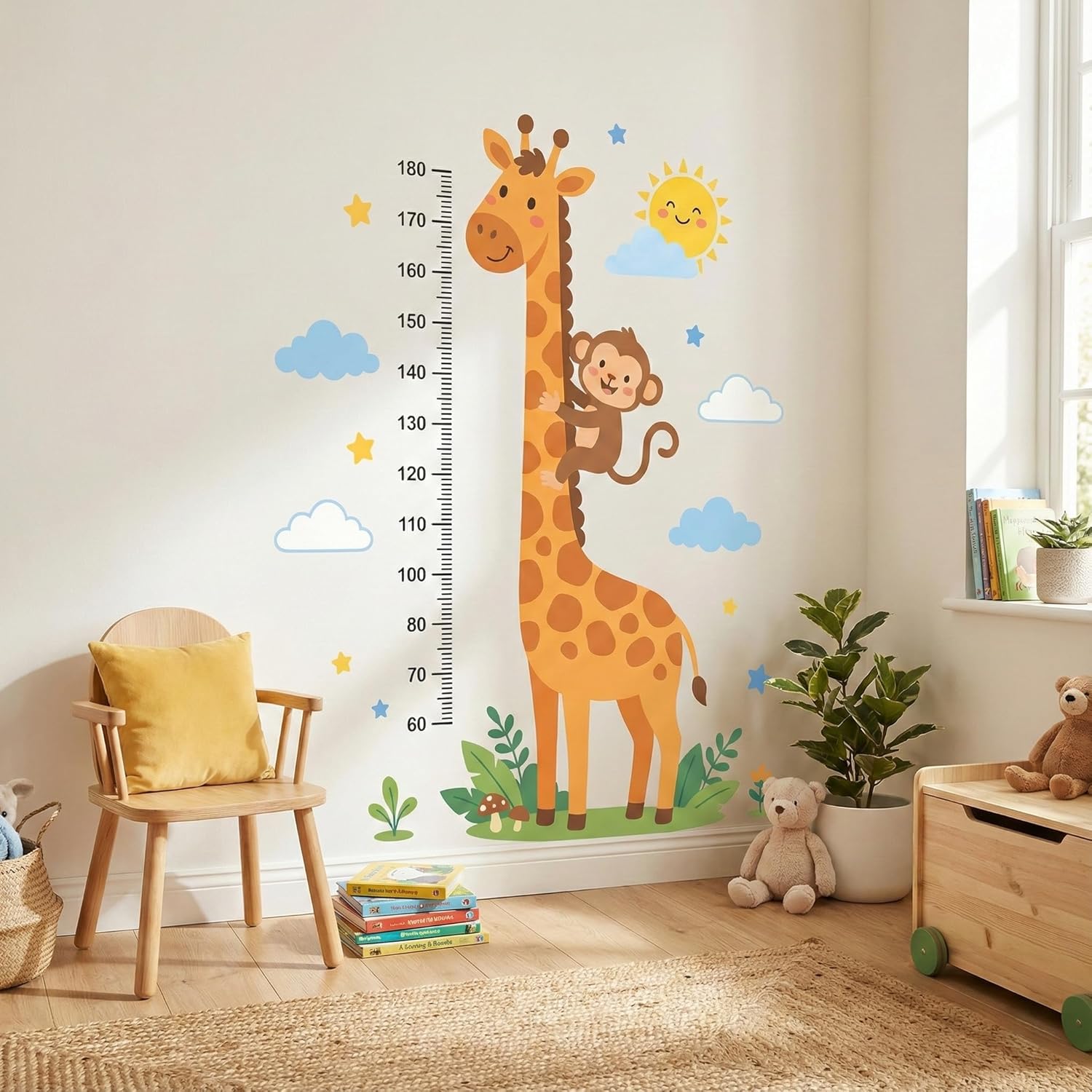 Kids Height Measurement Wall Sticker – Giraffe & Monkey Growth Chart Wall Decal for Nursery, Kids Room & Playroom | Educational Height Scale Wall Decor
